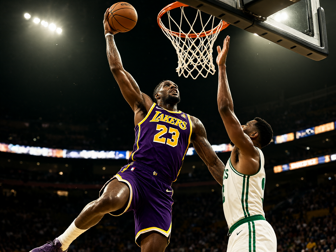 NBA篮球比赛中球员在空中完成强力扣篮的精彩瞬间
