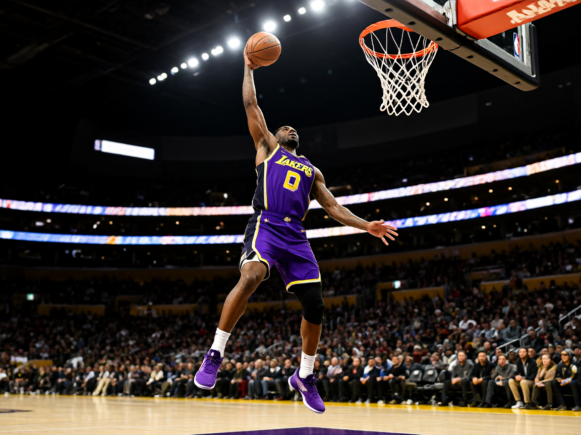 NBA篮球比赛中球员飞身扣篮的精彩瞬间